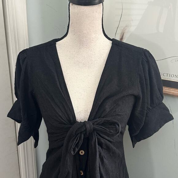 FREE PEOPLE Womens Dress Black Vintage Summer Midi Tie Front Whimsigoth *XS - Picture 2 of 12